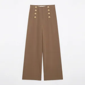 Women's High Waist Wide Leg Pants Double Breasted Gold Lion Button Trousers Elegant Coffee Office Lady Full Length Casual Pants