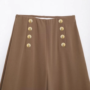 Brown high waist wide-leg trousers with double-breasted lion head gold buttons