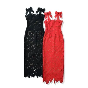 Women Elegant Lace Cami Dress With Satin Bow Straps Irregular Hem Bodycon Midi Dress For Party Evening Wedding