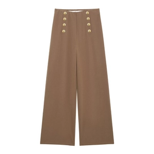 High waist wide leg trousers in caramel brown with decorative golden buttons
