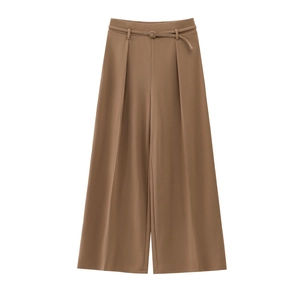 Women's high waist wide leg trousers in khaki with matching belt and pleated details