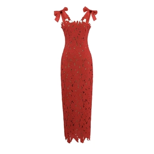 Elegant red lace midi dress with bow shoulder straps and floral cutout patterns