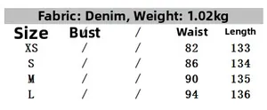 Size guide table for casual denim overall trousers listing XS to L measurements