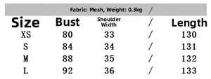 Size chart for striped V-neck mini dress showing bust and length in mesh fabric