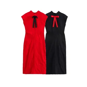 Robe Midi Sans Manches Élégante Pour Femmes Col Montant Décoration Nœud Papillon Effet Ridé Robe De Soirée Rétro
