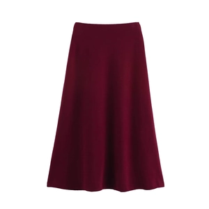 Falda midi evasé de talle alto para mujer en color burdeos oscuro con pliegues