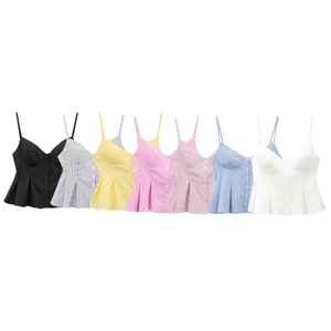 Detail view of v-neck corset camisoles with button-front and pleated peplum hem