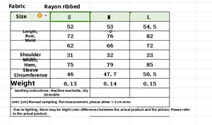 Detailed size guide table for rayon rib asymmetric top and wide leg pants in S, M, L