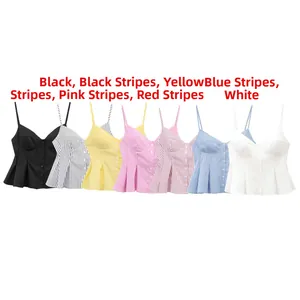 Detail showing various colors of pleated peplum cami tops with stripes and button front