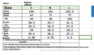 Detailed size chart for solid color wide leg pants with ribbed rayon fabric specifications