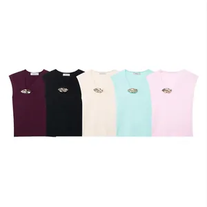 Canotta da Donna Sexy con Scollo a V Senza Maniche in Maglia Con Fibbia in Metallo Ondulato Oro Tinta Unita Streetwear Estate