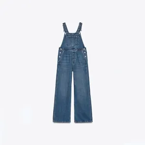 Women Casual Denim Overalls High Waist Wide Leg Straight Pants Jumpsuit With Pockets Washed Jean Overalls For Lady