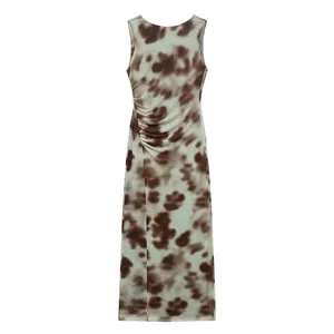Women's Sleeveless Mesh Ruched Maxi Dress Abstract Tie Dye Print Round Neck Bodycon Slim Fit Long Dress For Party Vacation