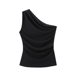 Detail of black one-shoulder asymmetric top with draped ruched fabric and slim fit design