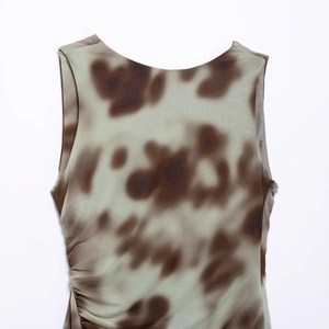 Women's V-neck striped pleated mini dress featuring olive and brown tie-dye print