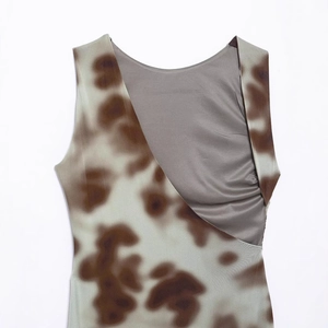 Women's V-neck striped mini dress with a brown tie-dye pattern and pleated details