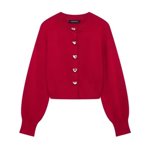 Cardigan in Maglia da Donna Rosso Con Bottoni a Cuore Argentati Girocollo Manica Lunga Top Corto in Maglia per Quotidiano Casual Streetwear