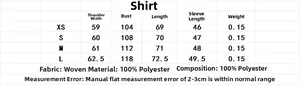 Detailed size chart for striped shirt set showing shoulder, chest, and length measurements