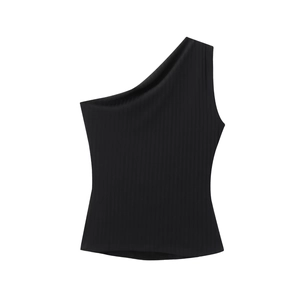 Detail of black one-shoulder ribbed knit tank top showing high-quality fabric texture