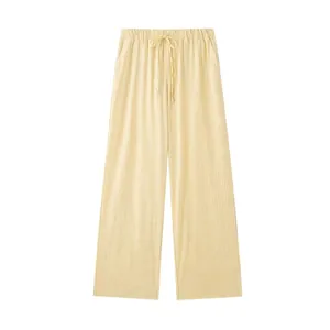 Pantalon Décontracté à Rayures pour Femmes Taille Haute Élastique Cordon de Serrage Plissé Pantalon Droit pour le Quotidien
