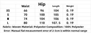 Detailed size chart for striped pants showing waist, hip, and length measurements