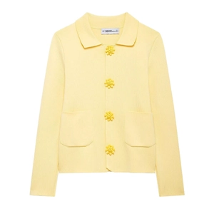 Women's pale yellow knit cardigan with lapel collar and floral beaded buttons