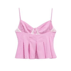 Detailed view of pink striped peplum top with thin straps and ruffled hem design