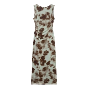 Chic sleeveless V-neck striped mini dress with ruched waist and artistic abstract print