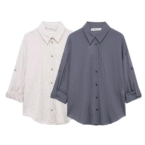 Women's minimalist striped long sleeve shirt set in off-white and dark grey colors
