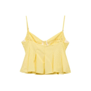 Detail of yellow striped summer peplum camisole with adjustable straps and slim fit design