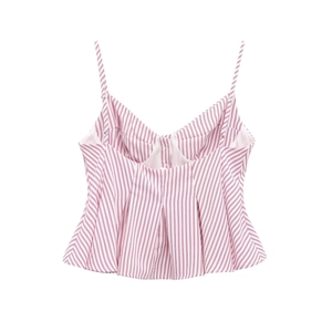 Detail of pink and white striped camisole showing V-neckline and ruffled peplum hemline