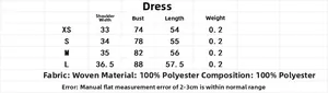 Size chart table for woven dress with measurements for XS to L in cm and polyester material