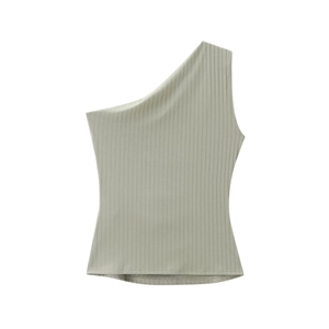 Detail showing sage green ribbed knit texture on the asymmetric one-shoulder tank top