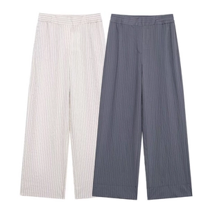 Women's minimalist vertical striped wide-leg trousers in beige and dark grey colors
