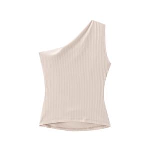 Detail of light beige ribbed knit fabric and asymmetrical one-shoulder neckline on top
