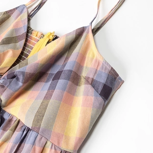 Detail of colorful plaid mini dress showing the yellow front zipper and smocked side panels