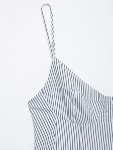Close-up of blue pinstriped poplin top with thin straps and button-front detailing