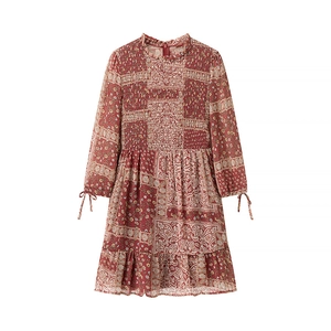 Deep red paisley floral long sleeve dress with smocked bodice and bow tie cuffs