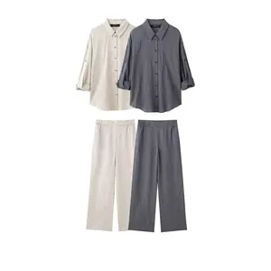 Women Striped Long Sleeve Button Down Shirt And Wide Leg Pants Casual Top And Bottom Streetwear Polyester Woven Set