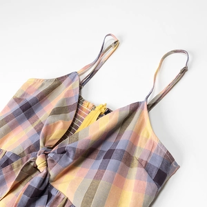 Detail of colorful plaid dress featuring adjustable straps and front resin zipper detail