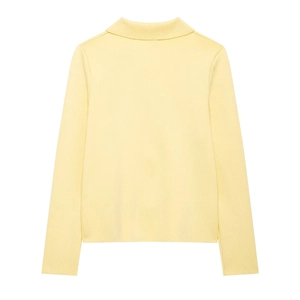 Back view of light yellow ribbed knit polo sweater with long sleeves and collar design