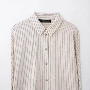 Classic vertical striped long sleeve button-up shirt in beige and navy blue for women