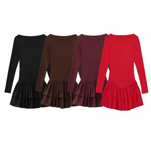 Elegant Women Long Sleeve Off Shoulder Mini Dress Ruffle Layered Hem Slim Fit Solid Color Spring Autumn Dress