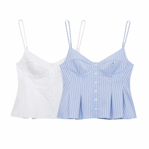 Detail of white and blue striped peplum tops featuring deep V-neck and button front