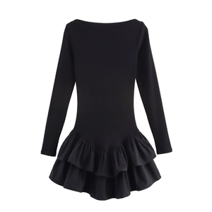 Elegant slim-fit black long sleeve dress with ruffle hem and off-shoulder neckline