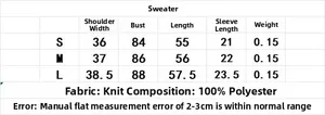 Detailed size chart for women striped polo knit top with shoulder and chest measurements