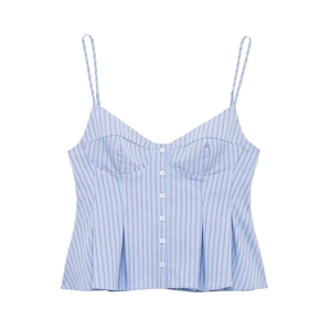 Macro shot of blue and white striped camisole showing v-neckline and decorative buttons