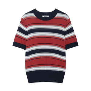 Women's crewneck short sleeve striped knit top in red, navy, white and grey stripes