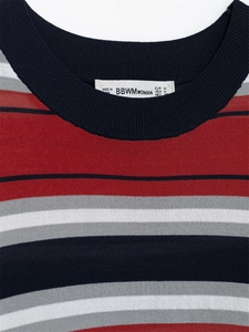 Detailed view of the round neckline with navy ribbing and brand label on striped knit top