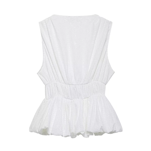 Detail of white sleeveless peplum top featuring textured 3D floral jacquard fabric